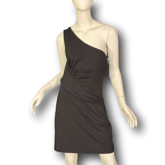 HALSTON ONE-SHOULDER CONVERTIBLE MINI DRESS 10, VERSATILE LITTLE BLACK DRESS - Picture 3 of 11